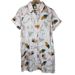 Rachel Zoe MEDIUM 100% Linen Floral Print Button Down Shirt Dress Beach Vacation